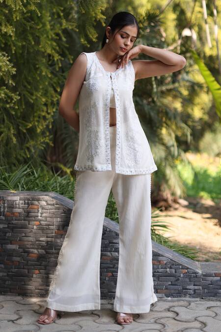 Nazar By Indu_White Net Embroidery Round Neck 3 Piece Set _Online_at_Aza_Fashions