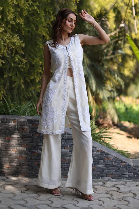 Nazar By Indu_White Net, Voile Embroidery Round Neck 3 Piece Set _Online_at_Aza_Fashions
