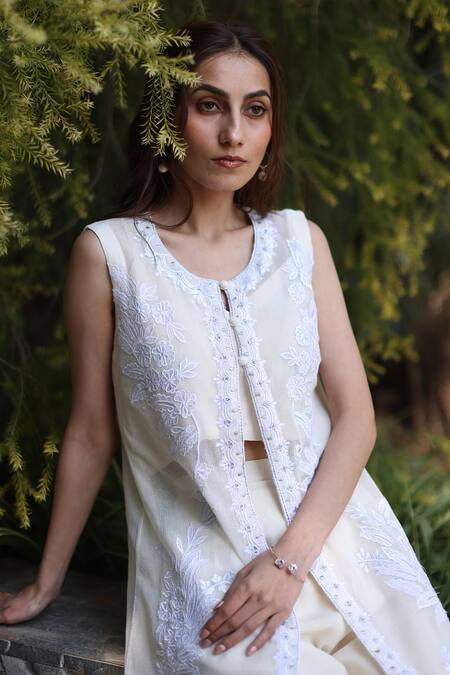 Buy_Nazar By Indu_White Net, Voile Embroidery Round Neck 3 Piece Set _Online_at_Aza_Fashions