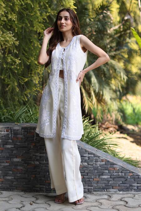 Shop_Nazar By Indu_White Net, Voile Embroidery Round Neck 3 Piece Set _Online_at_Aza_Fashions