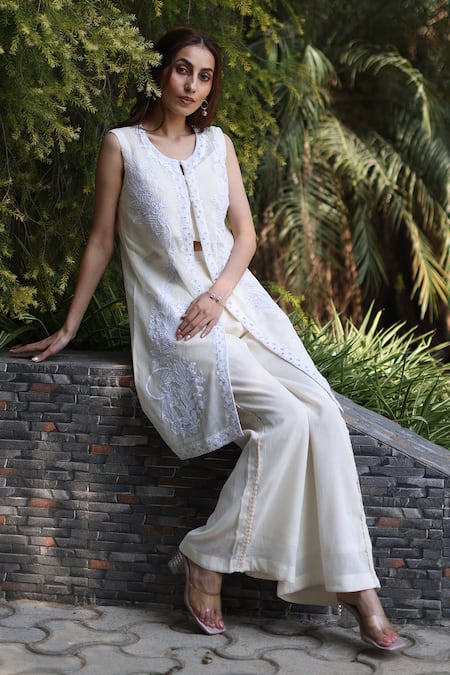 Nazar By Indu_White Net, Voile Embroidery Round Neck 3 Piece Set _at_Aza_Fashions