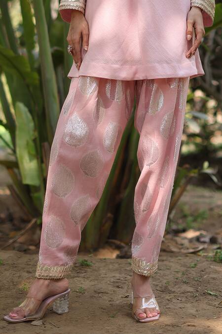 Nazar By Indu_Pink Cotton Sequins Round Neck Designer Tunic And Pant Set _Online_at_Aza_Fashions