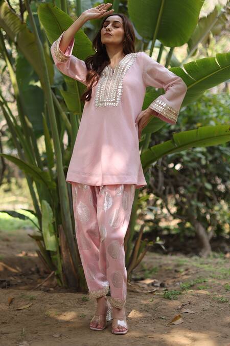 Buy_Nazar By Indu_Pink Cotton Sequins Round Neck Designer Tunic And Pant Set _Online_at_Aza_Fashions