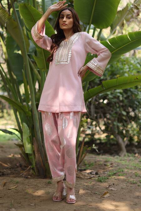 Shop_Nazar By Indu_Pink Cotton Sequins Round Neck Designer Tunic And Pant Set _Online_at_Aza_Fashions
