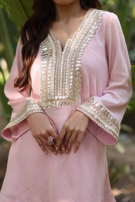 Nazar By Indu_Pink Cotton Sequins Round Neck Designer Tunic And Pant Set _at_Aza_Fashions