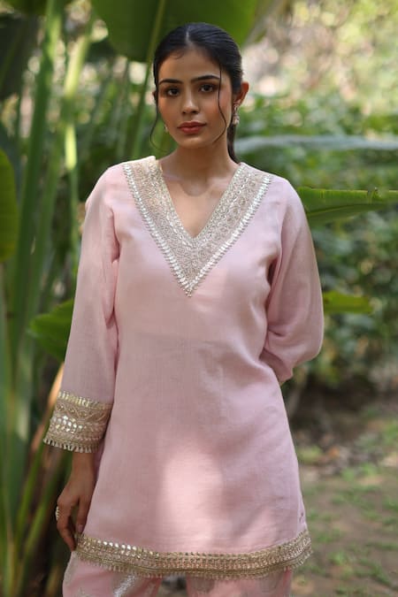 Nazar By Indu_Pink Cotton, Jacquard Embroidery V-neck Designer Tunic And Pant Set _Online_at_Aza_Fashions