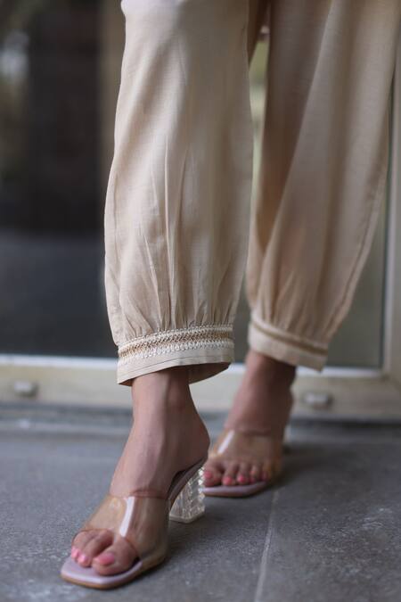 Nazar By Indu_Beige Cotton Embroidery V-neck Designer Kurta Pant Set _Online_at_Aza_Fashions