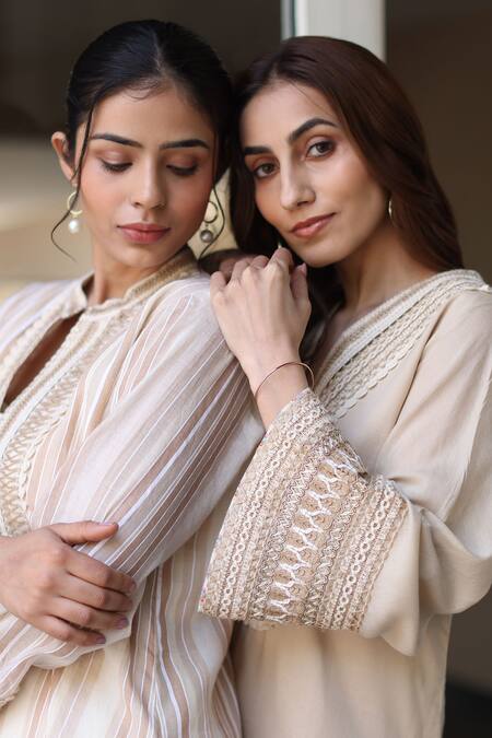 Buy_Nazar By Indu_Beige Cotton Embroidery V-neck Designer Kurta Pant Set _Online_at_Aza_Fashions