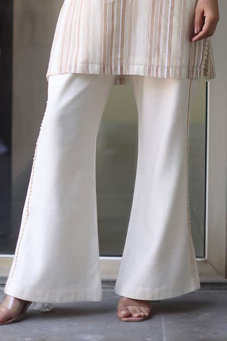 Nazar By Indu_Beige Cotton, Voile Embroidery Round Neck Striped Kurta And Pant Set _Online_at_Aza_Fashions