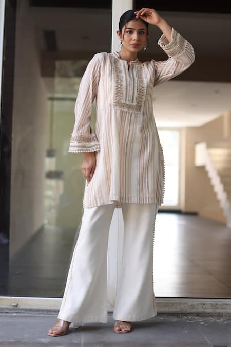 Buy_Nazar By Indu_Beige Cotton, Voile Embroidery Round Neck Striped Kurta And Pant Set _Online_at_Aza_Fashions