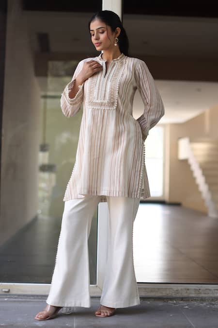 Shop_Nazar By Indu_Beige Cotton, Voile Embroidery Round Neck Striped Kurta And Pant Set _Online_at_Aza_Fashions