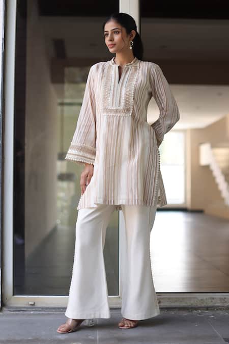 Nazar By Indu_Beige Cotton, Voile Embroidery Round Neck Striped Kurta And Pant Set _at_Aza_Fashions