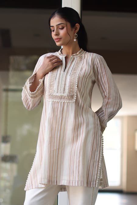 Buy_Nazar By Indu_Beige Cotton, Voile Embroidery Round Neck Striped Kurta And Pant Set 