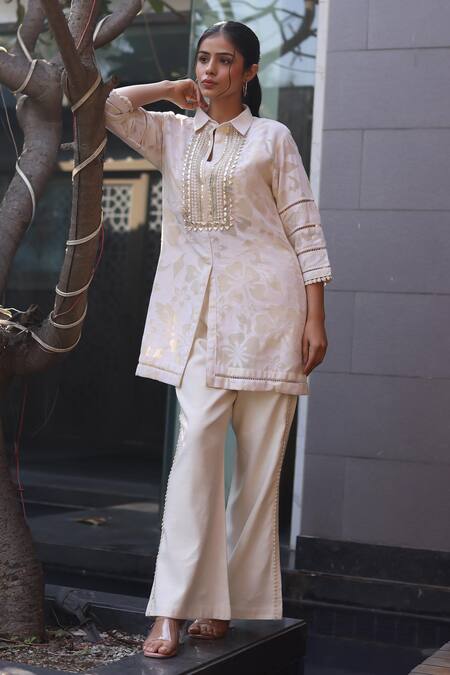 Buy_Nazar By Indu_Ivory Cotton, Jacquard Embroidery Collared 2 Piece Set _Online_at_Aza_Fashions