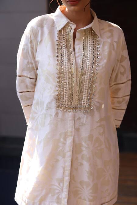 Shop_Nazar By Indu_Ivory Cotton, Jacquard Embroidery Collared 2 Piece Set _Online_at_Aza_Fashions