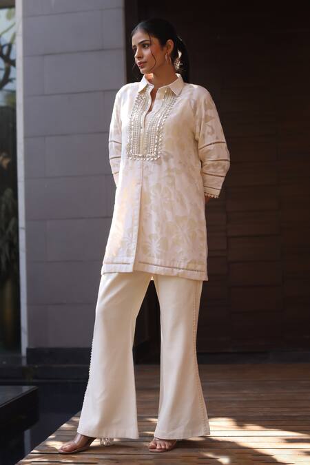 Nazar By Indu_Ivory Cotton, Jacquard Embroidery Collared 2 Piece Set _at_Aza_Fashions