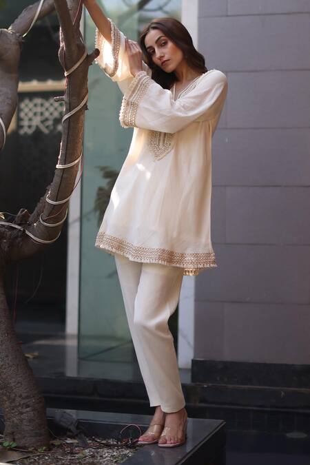 Nazar By Indu_Ivory Cotton, Georgette Embroidery Round Neck Set _Online_at_Aza_Fashions