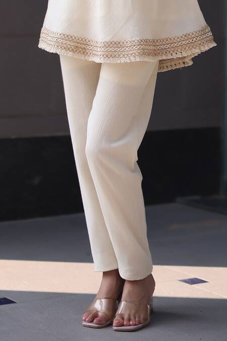 Buy_Nazar By Indu_Ivory Cotton, Georgette Embroidery Round Neck Set _Online_at_Aza_Fashions