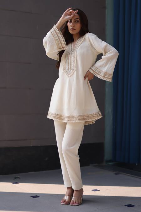 Shop_Nazar By Indu_Ivory Cotton, Georgette Embroidery Round Neck Set _Online_at_Aza_Fashions