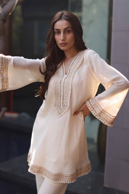 Nazar By Indu_Ivory Cotton, Georgette Embroidery Round Neck Set _at_Aza_Fashions