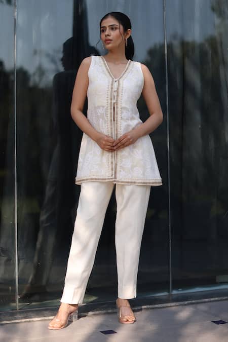 Buy_Nazar By Indu_Ivory Cotton, Jacquard Embroidery Round Neck 2 Piece Set _Online_at_Aza_Fashions