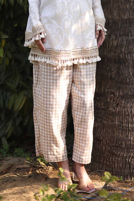 Shop_Nazar By Indu_Ivory Cotton, Jacquard Tassels V-neck Tunic And Pant Set _Online_at_Aza_Fashions