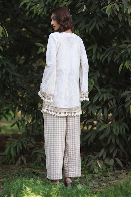 Nazar By Indu Ivory Cotton Jacquard Tunic & Pant Set 