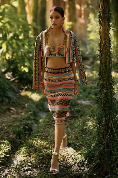 Surily G Multi Color Net Beads Round Neck Cropped Multicolour Embroidered Jacket 