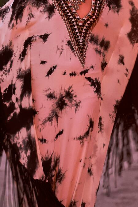 Surily G_Black Crepe Fringe Round Neck And White Tie-dye Kaftan _Online_at_Aza_Fashions