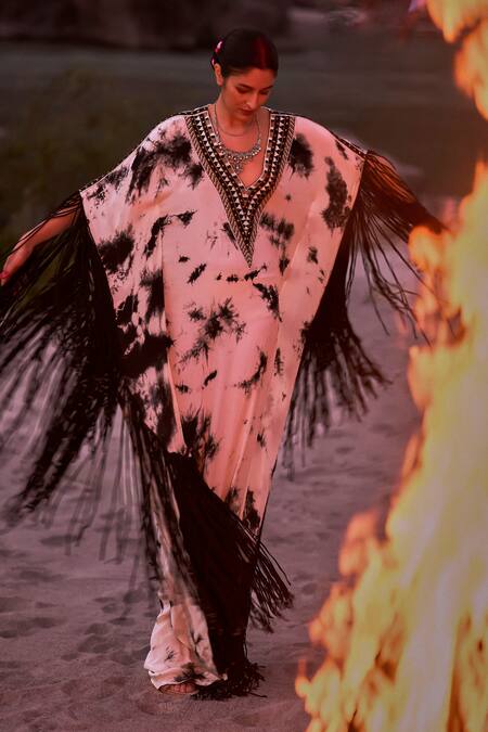 Surily G Black Crepe Fringe Round Neck And White Tie-dye Kaftan 