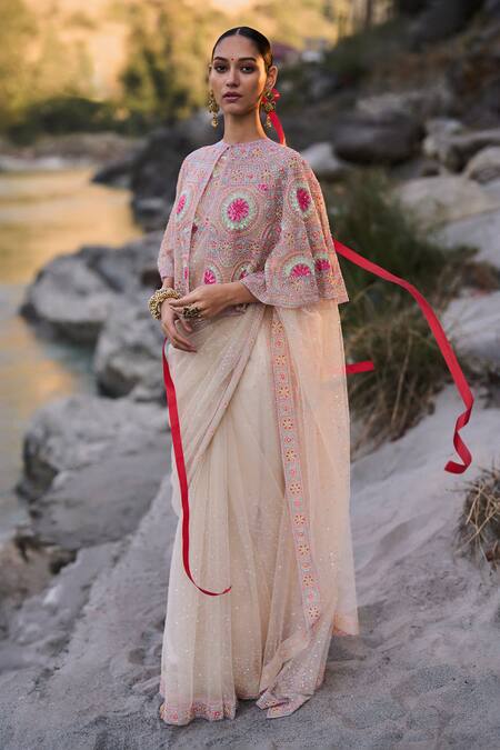 Surily G_Multi Color Round Neck Cutbeads Embroidered Cape _Online_at_Aza_Fashions