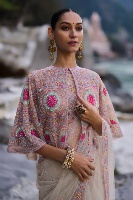 Surily G Pink Net Cut Work, Embroidery Round Neck Multi Cutbeads Blouse Online at Aza Fashions Surily G_Pink Net Cut Work, Embroidery Round Neck Multi Cutbeads Blouse _Online_at_Aza_Fashions