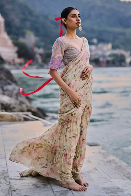 Surily G_Multi Color Net Beads V-neck Embroidered Blouse _Online_at_Aza_Fashions