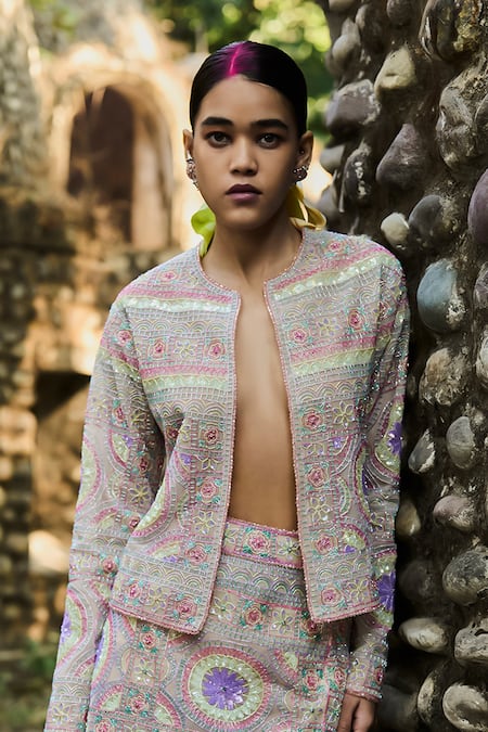 Surily G Multi Color Net Cut Work, Embroidery Round Neck Cutbeads Jacket 