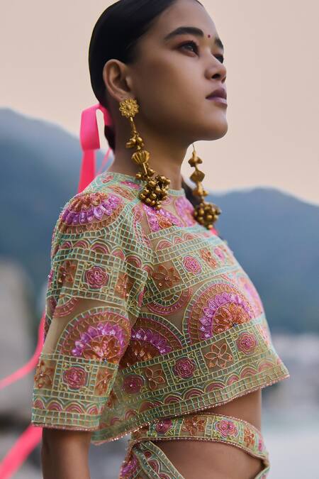 Surily G_Multi Color Net Beads Round Neck Embroidered Top _Online_at_Aza_Fashions