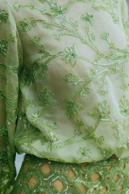 Surily G Green Organza Sequins, Cut Work Round Neck Embroidered Top Online at Aza Fashions Surily G_Green Organza Sequins, Cut Work Round Neck Embroidered Top _Online_at_Aza_Fashions