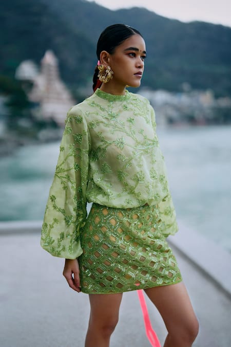 Surily G Green Organza Embroidered Top 