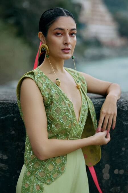 Surily G Green Net, Organza Sequins, Cut Work Plunge Neck Waistcoat Online at Aza Fashions Surily G_Green Net, Organza Sequins, Cut Work Plunge Neck Waistcoat _Online_at_Aza_Fashions