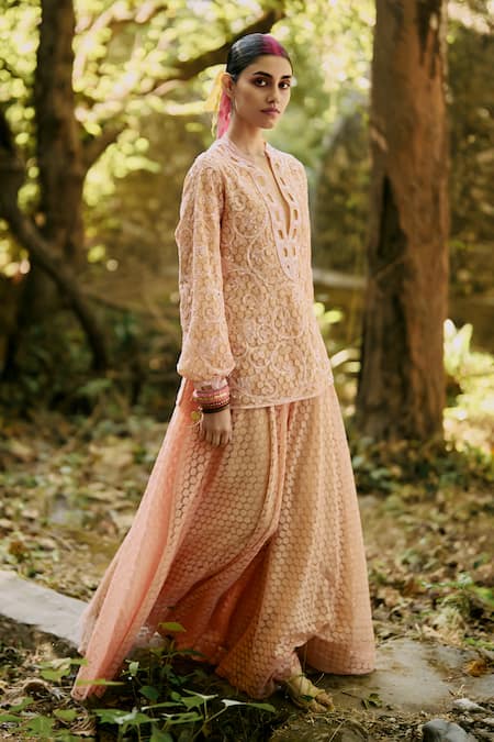 Buy Surily G Peach Lace Sequins, Cut Work Round Neck Top With Jaal Embroidery Online at Aza Fashions Buy_Surily G_Peach Lace Sequins, Cut Work Round Neck Top With Jaal Embroidery _Online_at_Aza_Fashions