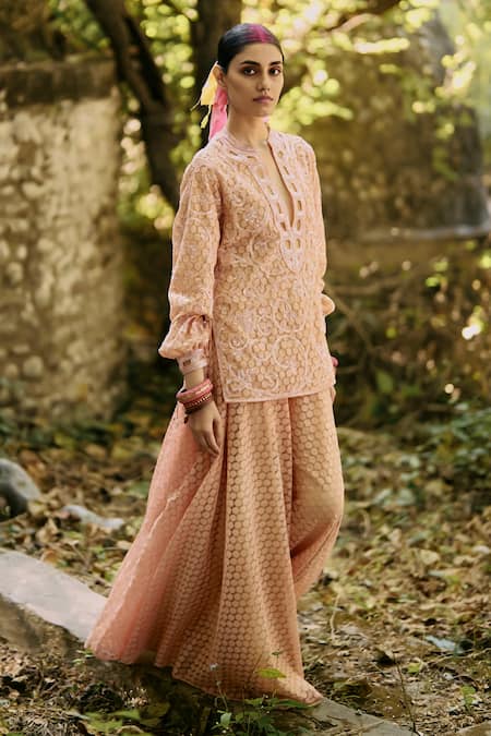 Surily G Peach Lace Top with Jaal Embroidery 