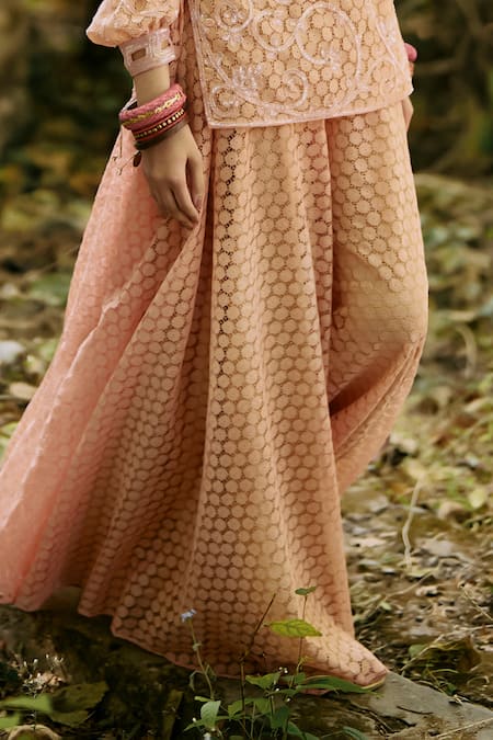 Surily G_Peach Crepe Sequins Lace Flared Pant _Online_at_Aza_Fashions