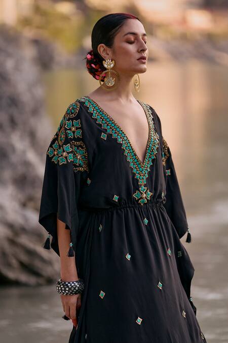 Surily G_Black Crepe Beads V-neck Long Kaftan With Turquoise Embroidery _Online_at_Aza_Fashions