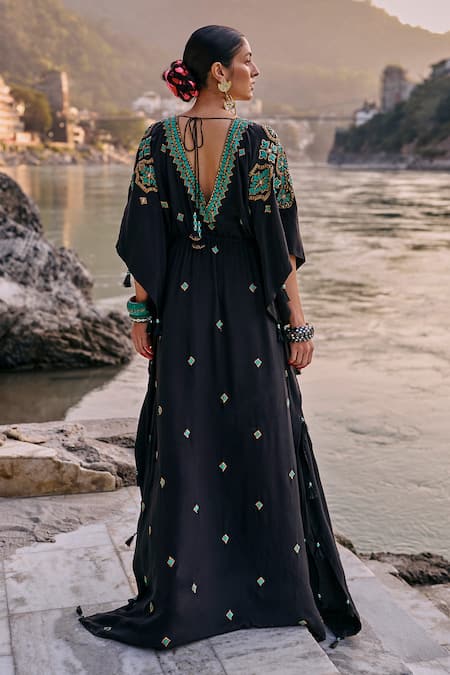 Surily G Black Long Kaftan With Turquoise Embroidery 