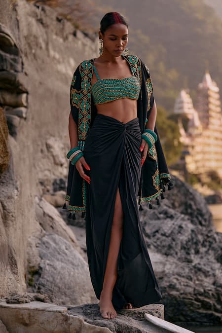 Surily G_Black Cape With Turquoise Tassels _Online_at_Aza_Fashions