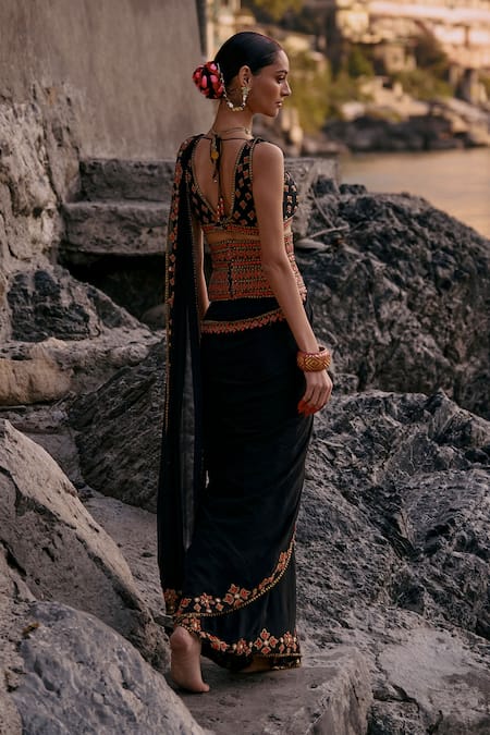 Surily G Black V Neck  Coral Embellishment Blouse 