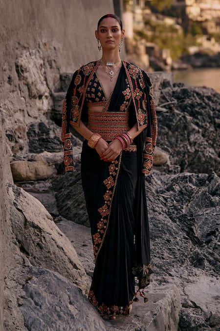 Surily G_Black Crepe Beads V-neck V Coral Embellishment Blouse _Online_at_Aza_Fashions