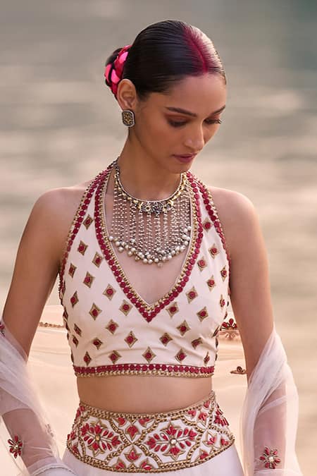 Surily G Ivory Crepe Beads Halter Neck Blouse With Embroidery 
