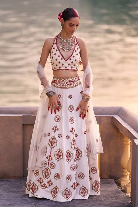 Surily G_Ivory Crepe Beads Halter Neck Blouse With Embroidery _Online_at_Aza_Fashions