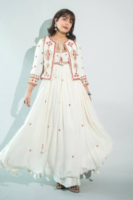 Shop_Surily G_Ivory Crepe Beads Keyhole Neck Red Embroidered Waistcoat _Online_at_Aza_Fashions