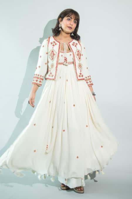 Surily G Ivory Crepe Beads Keyhole Neck Red Embroidered Waistcoat 
